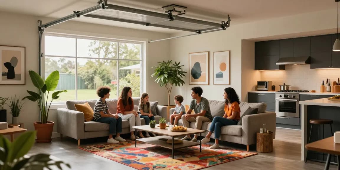 Garage conversions featuring a transformed living space with cozy seating and modern decor.