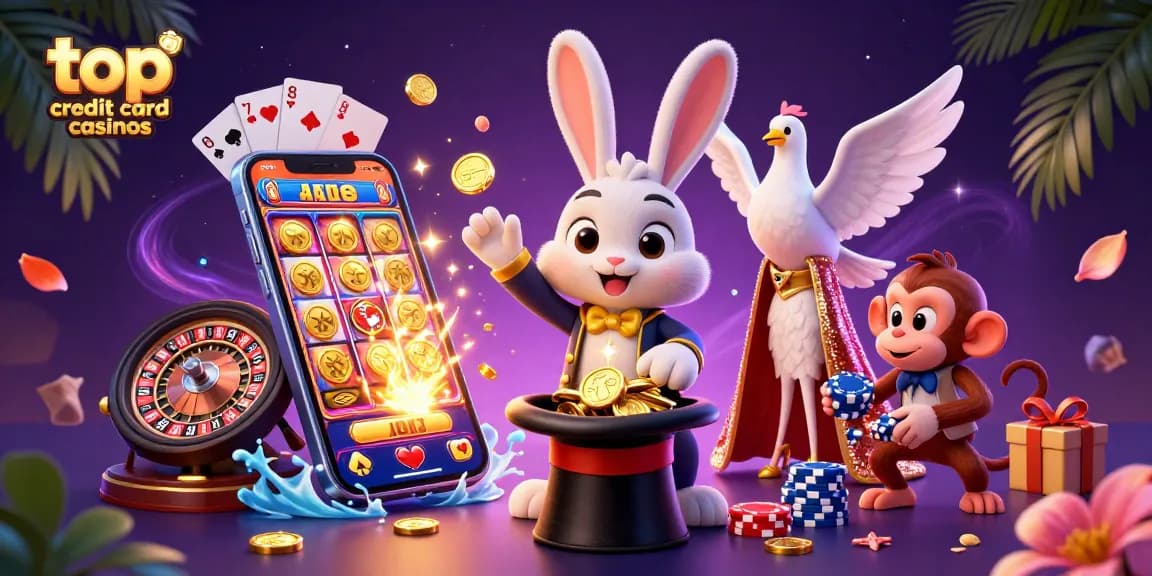 Engaging illustration of top credit card casinos showcasing a magician rabbit, dove, and monkey amidst casino elements.