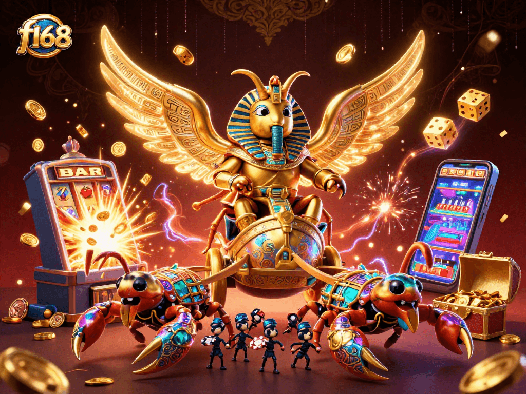 Engage with f168 casino excitement as golden beetles and scorpions celebrate jackpots with coins and confetti.