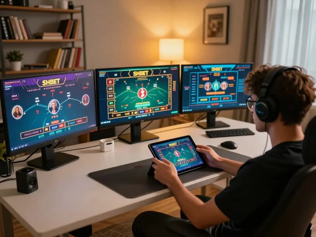 SHBET user engaged in online gambling gameplay at a modern home desk setup, highlighting live dealer interaction.