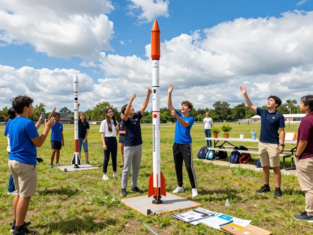 Students launching model rockets in an outdoor educational setting, showcasing excitement and teamwork.