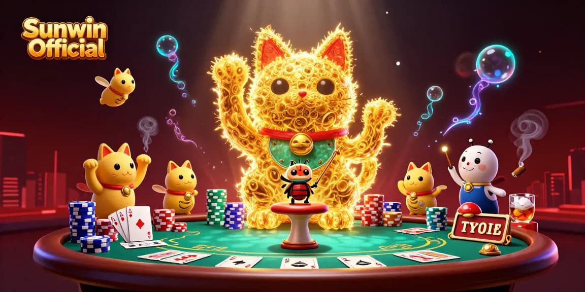 Experience the excitement of Sunwin Official with a vibrant casino scene featuring lucky symbols and poker elements.