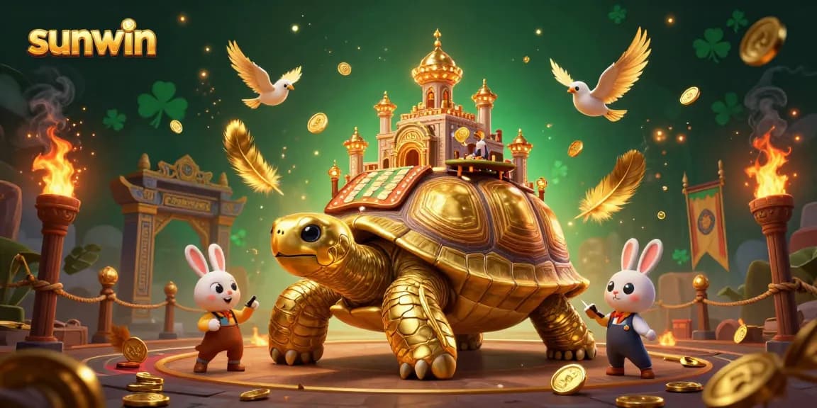 Engage in exciting games at sunwin with a vibrant casino scene featuring a golden tortoise and lively dealer.