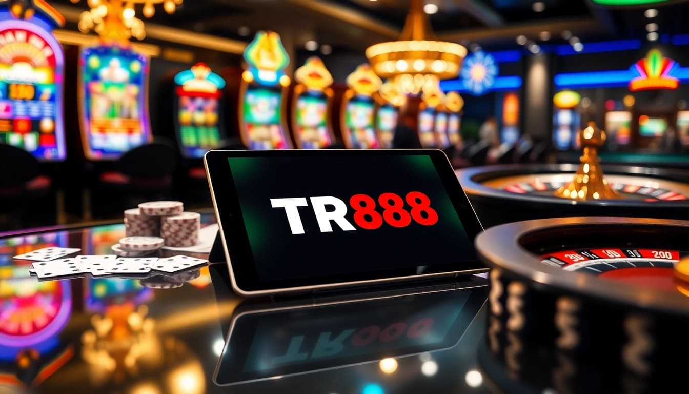 Experience the TR88 app interface amidst an engaging casino atmosphere with vibrant slot machines and poker chips.
