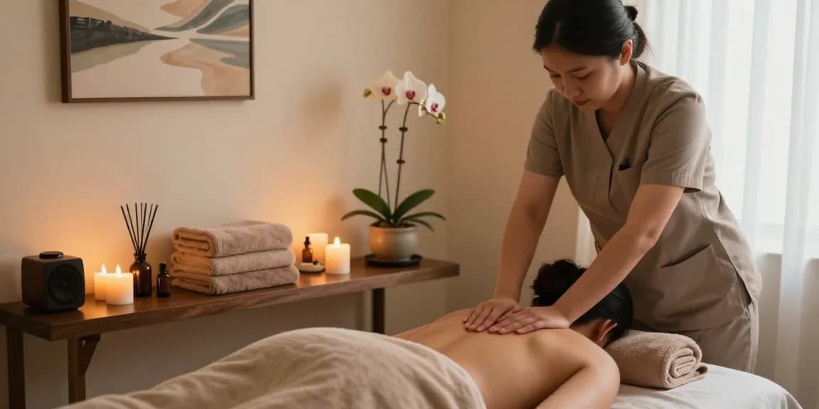 Relaxing 왕십리출장안마 therapy session with soft lighting and essential oils in a peaceful wellness room.