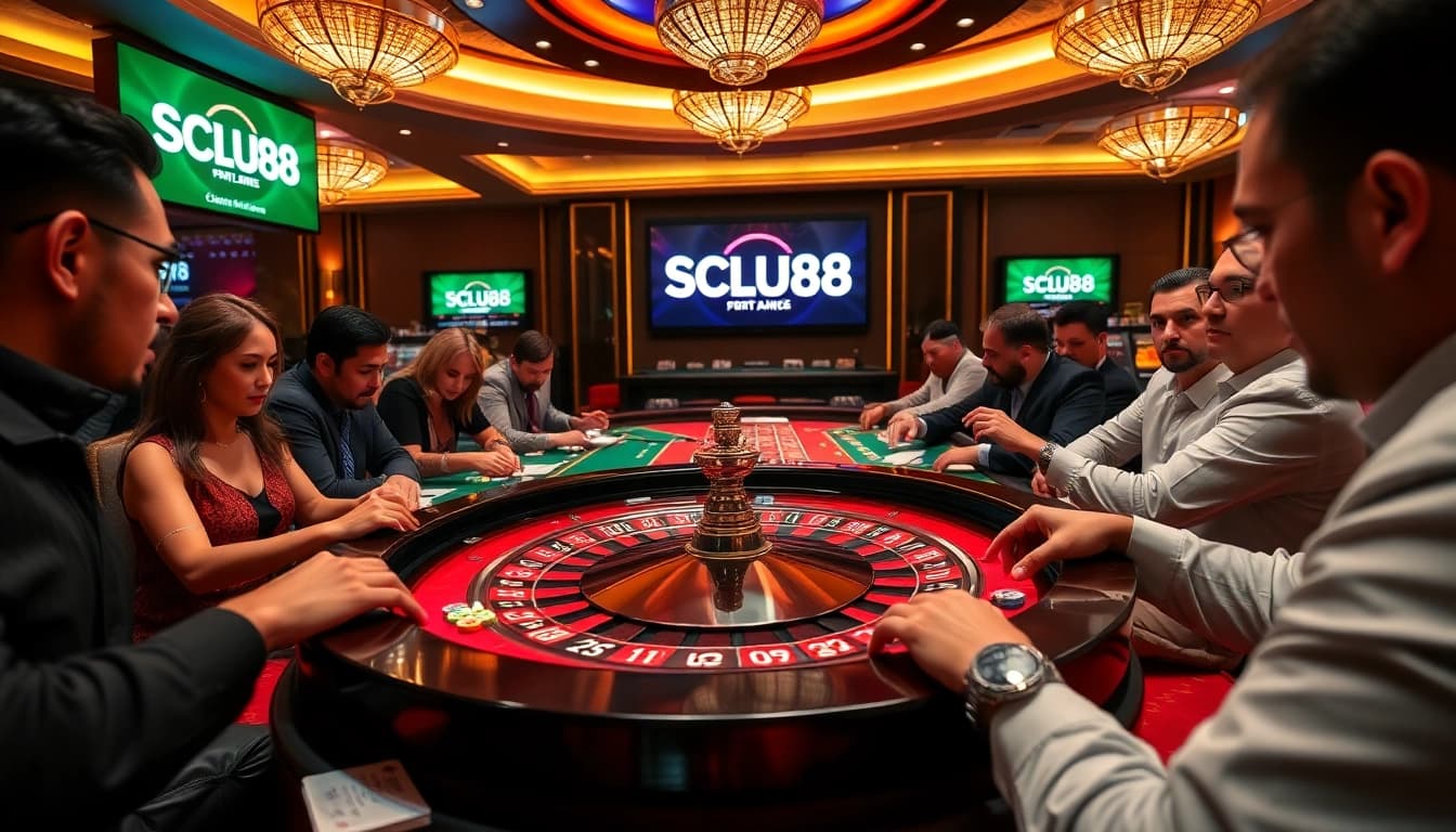 SCLUB88 players engaging in an exciting roulette game at a vibrant casino.