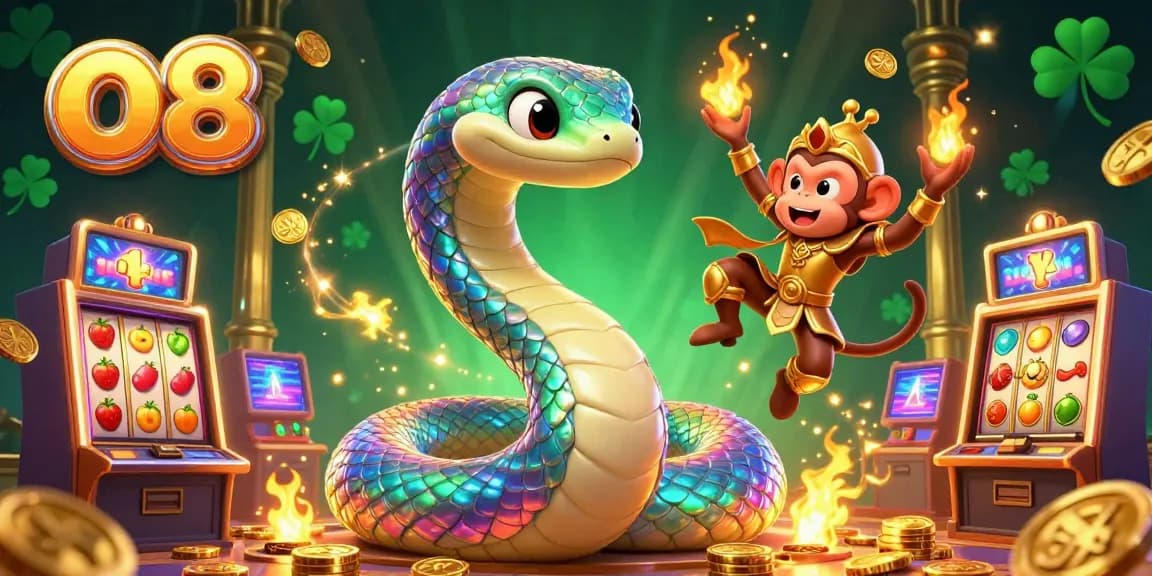Experience the vibrant casino world with o8; join the playful monkey king and shimmering serpent!