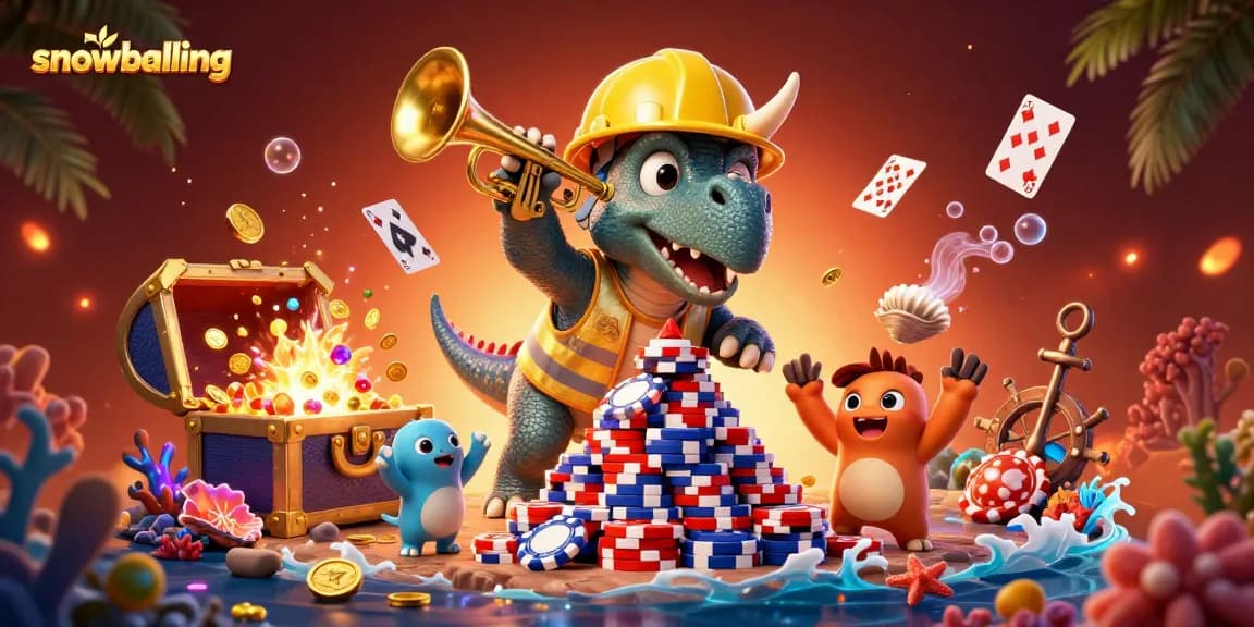 Snowballing illustration with triceratops and celebrating characters amidst casino elements and vibrant decor