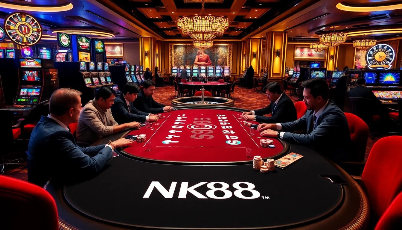 Engaging in a high-stakes poker game at NK88 casino table with colorful chips and cards.