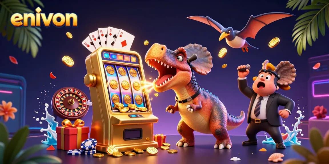 Headbutting pachycephalosaurus at environ casino jackpot, with flying coins and excited characters.