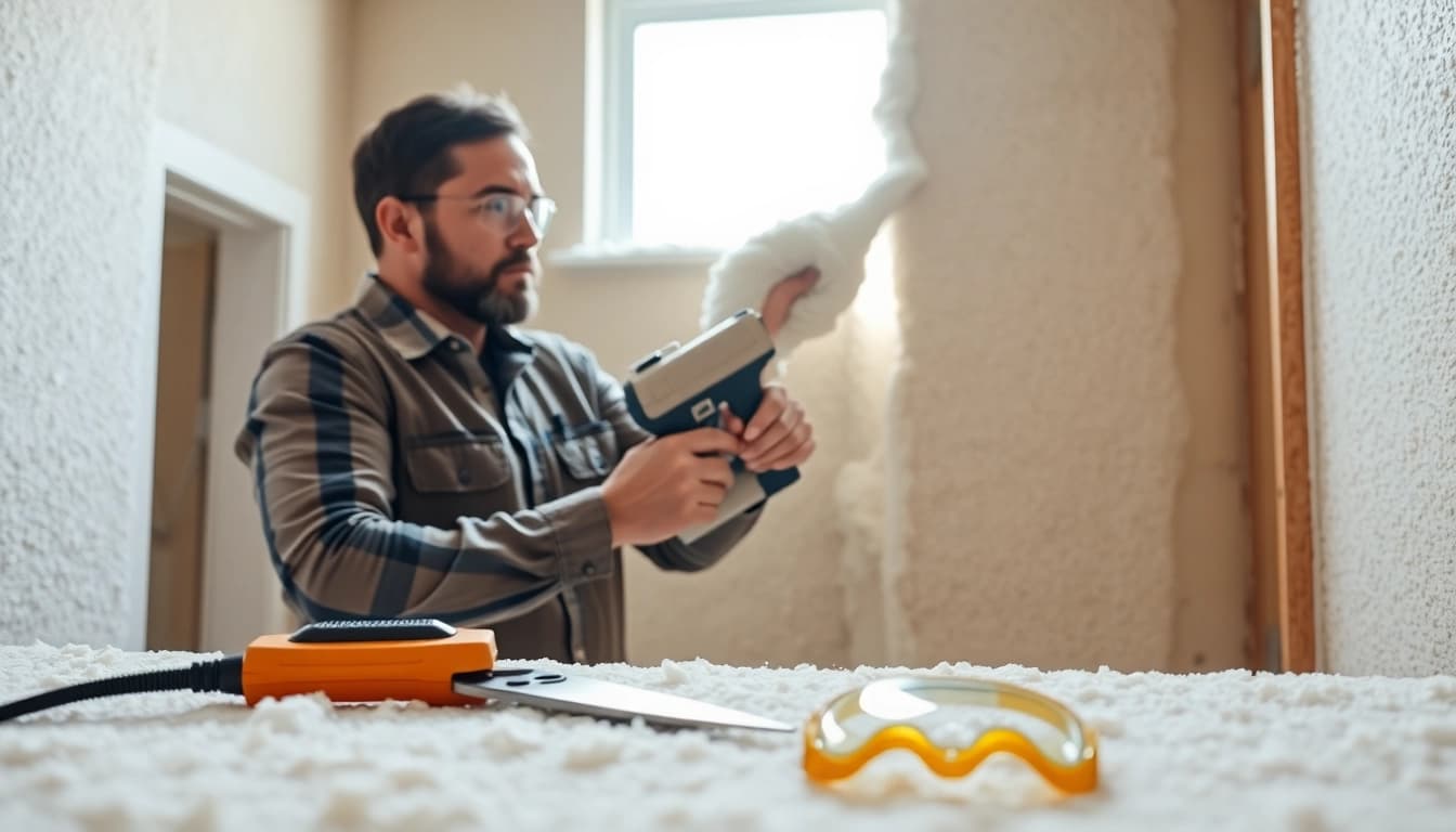 Professionally remove spray foam insulation from a wall with safety equipment and tools.