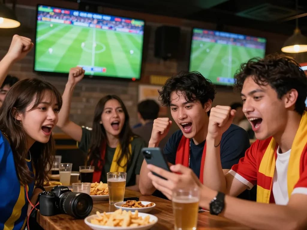 Friends watching a match and checking tỷ lệ kèo nhà cái hôm nay in a vibrant sports bar.