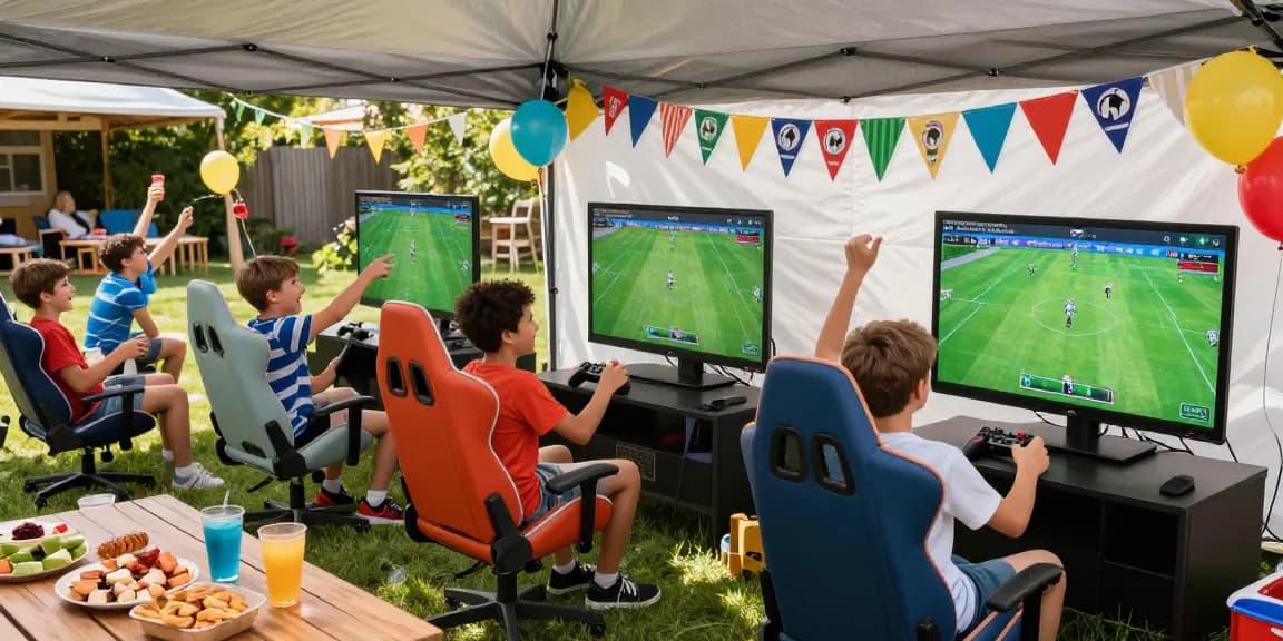 boys birthday party with kids playing video games in a vibrant tent setup