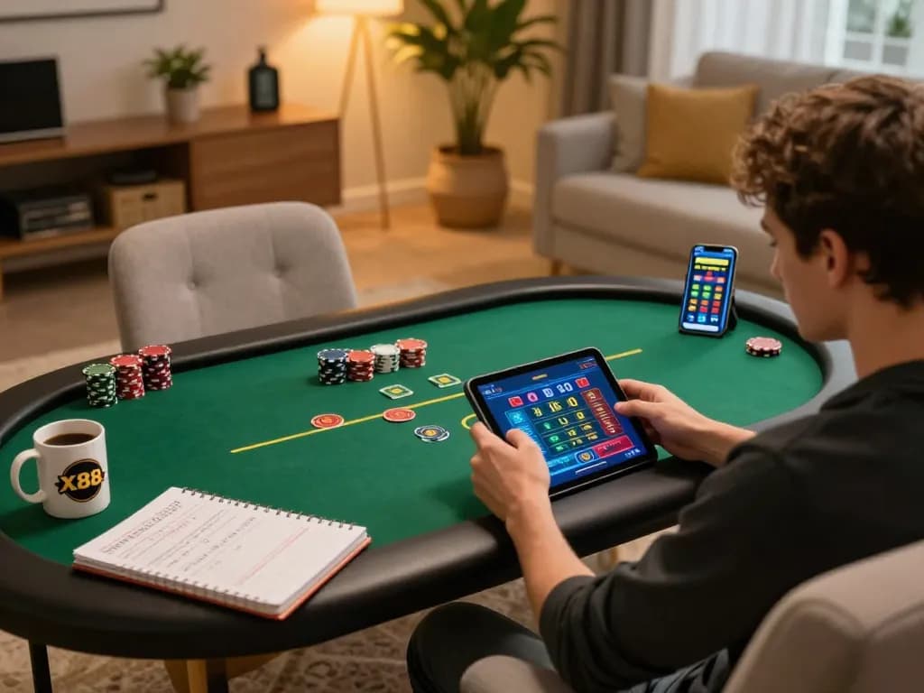 X88 player enjoying online poker game at home with tablet and smartphone setup, emphasizing strategic gambling.