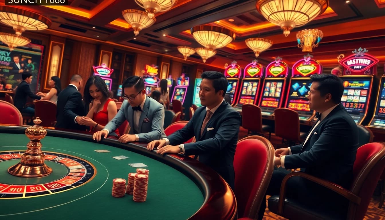 SUNCITY888 players enjoying high-stakes poker and vibrant slot machines in a luxurious casino atmosphere