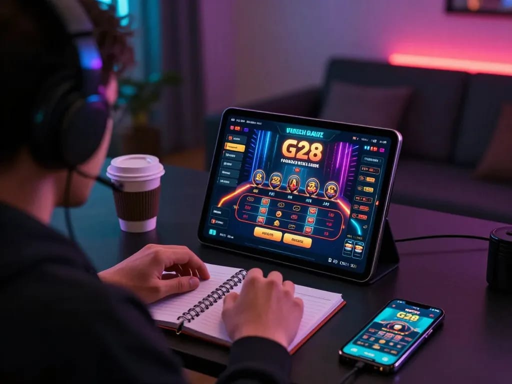 Player engaging with G28's online casino app on tablet in a cozy home gaming setup.