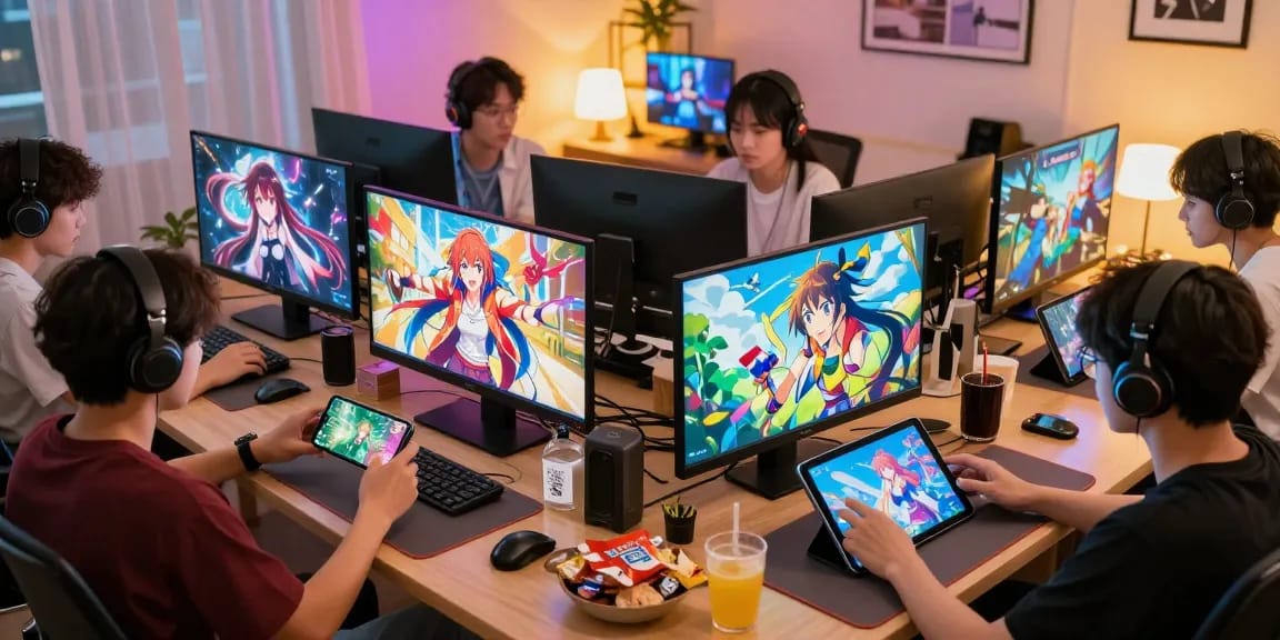 Engaging players enjoying hentai games online on various devices with dynamic character interactions.