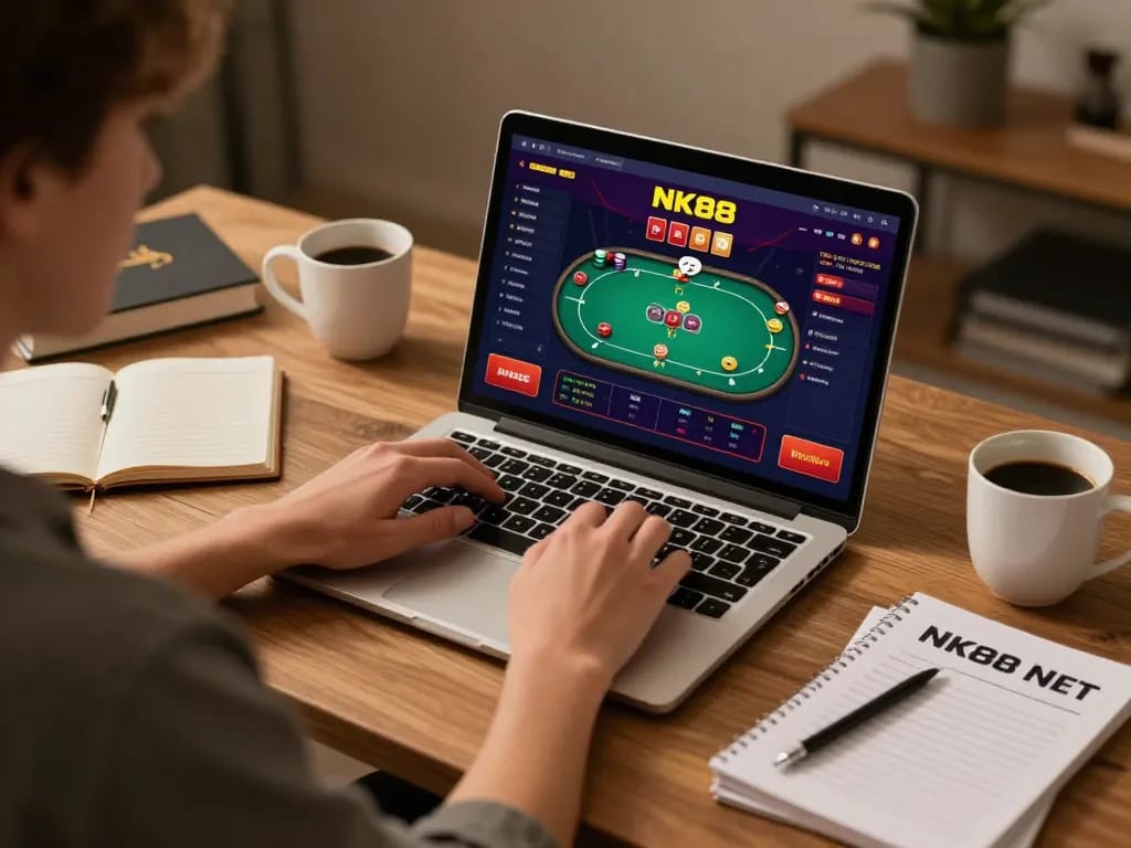 Engaging with NK88 NET online casino games from a stylish home setup, showcasing responsible gaming.