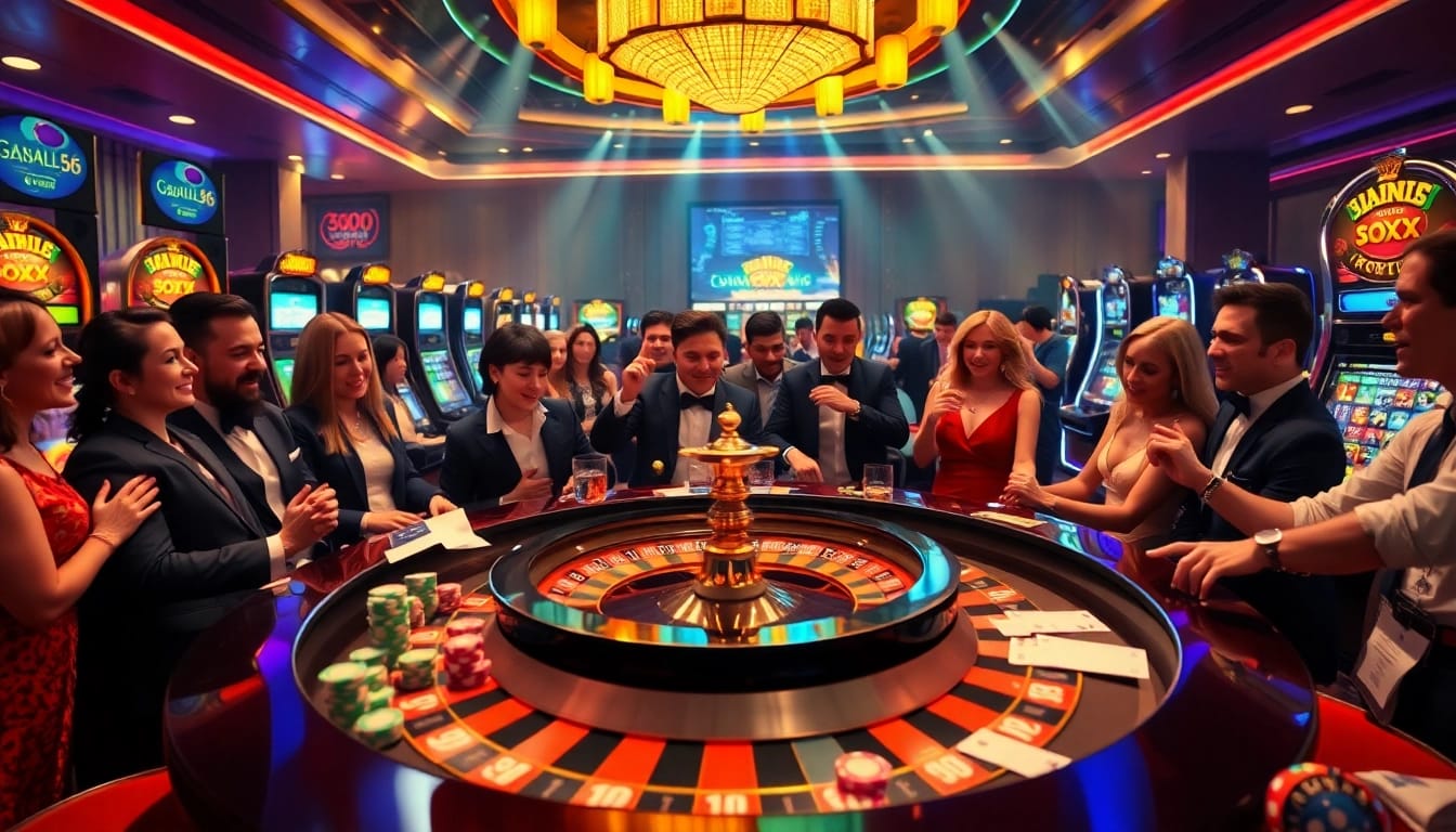 Excited players engaging at a roulette table within the luxurious setting of 58win com, illustrating the thrill of casino gambling.