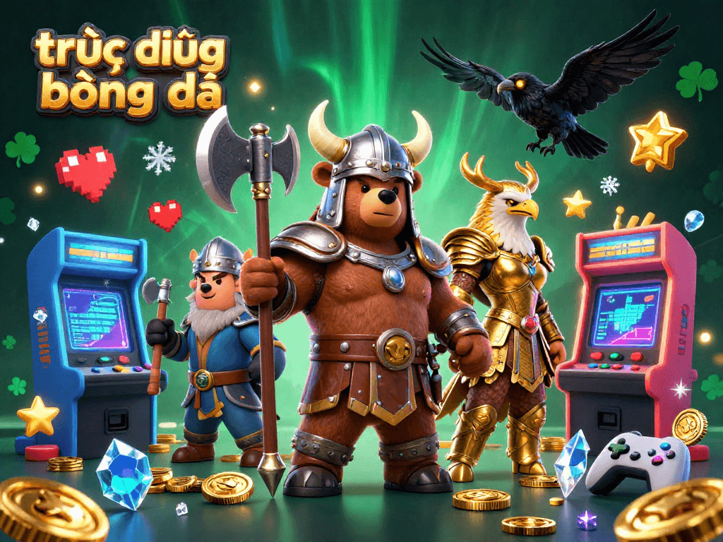 Experience trực tiếp bóng đá with dynamic scenes featuring gaming elements and vibrant characters.