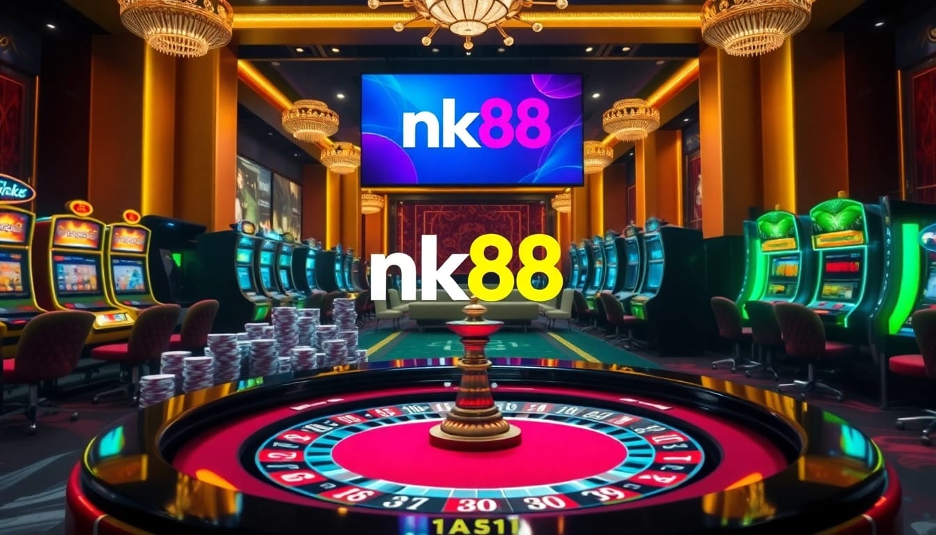 Experience the thrill of nk88 casino with players enjoying poker, roulette, and slot machines in a luxurious ambiance.