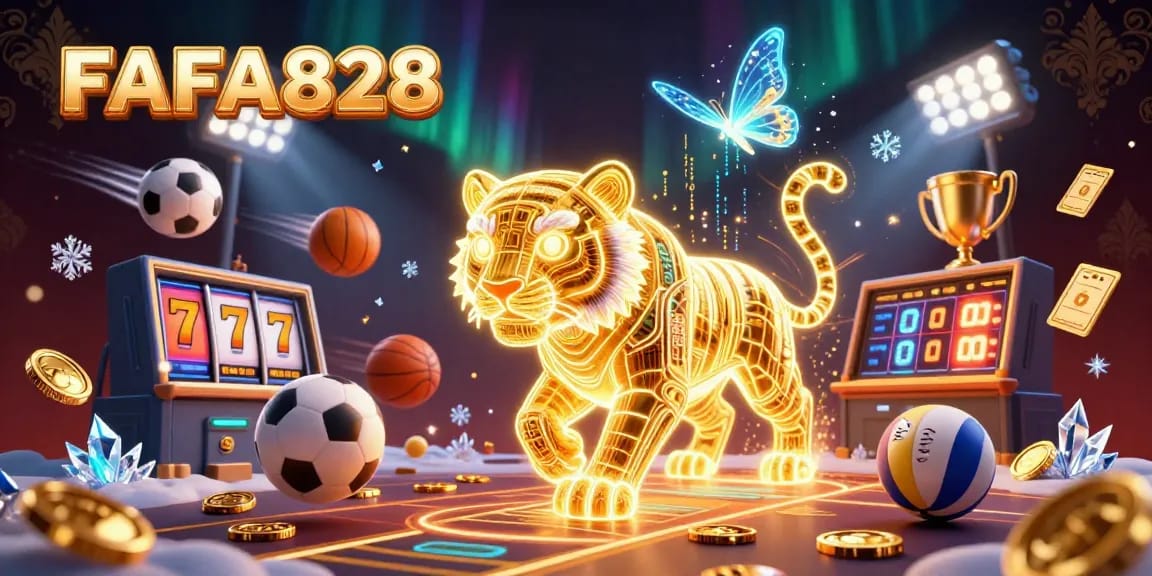 Experience the excitement of FAFA828 with a dynamic casino scene featuring a golden tiger and sports elements.