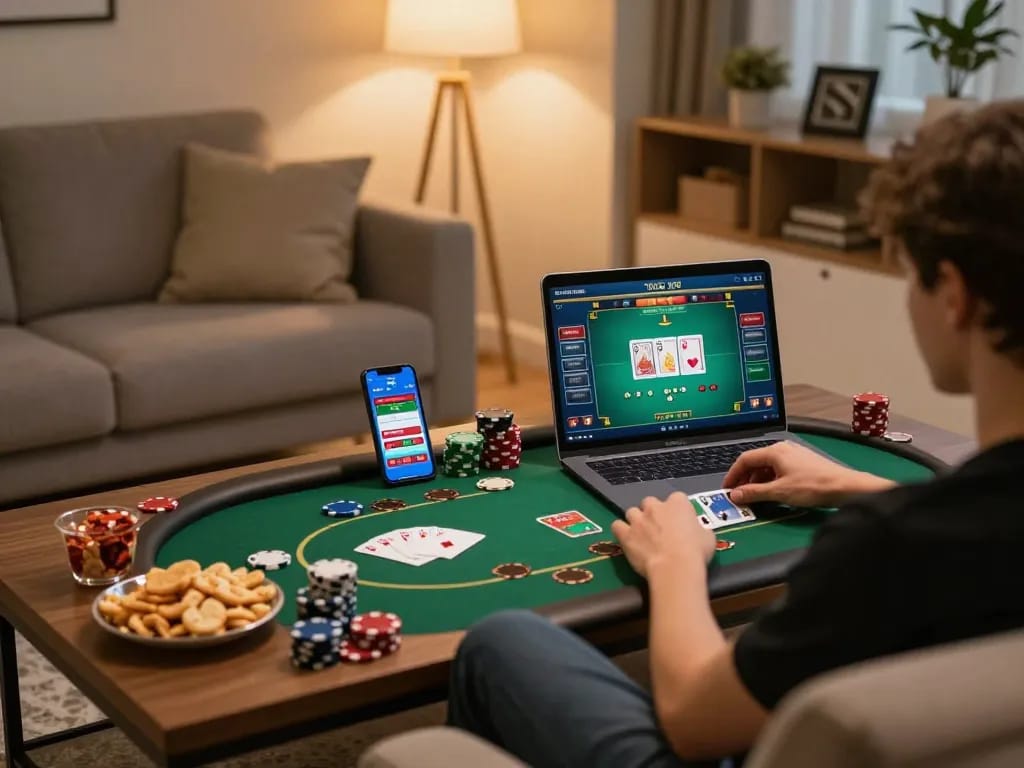 Player enjoying online casino poker gameplay at home with SC88 on display.