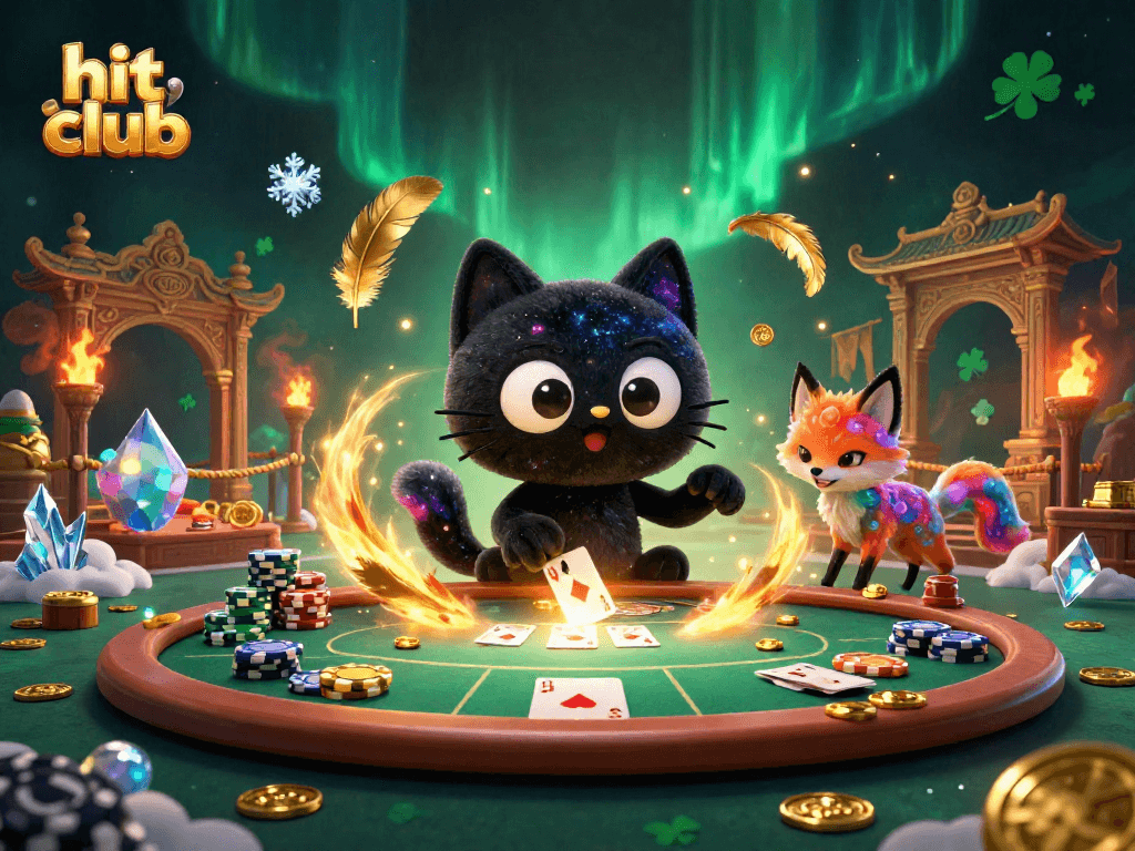 The hit club illustration showcases a cosmic casino scene featuring a black hole cat and a nebula fox, with poker elements and gold coins.
