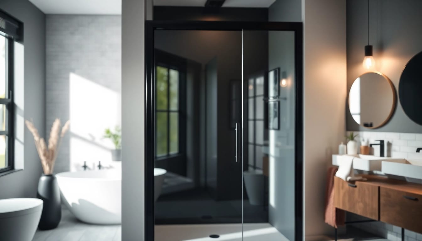 Showcasing a contemporary black shower door in a stylish bathroom with elegant design elements.