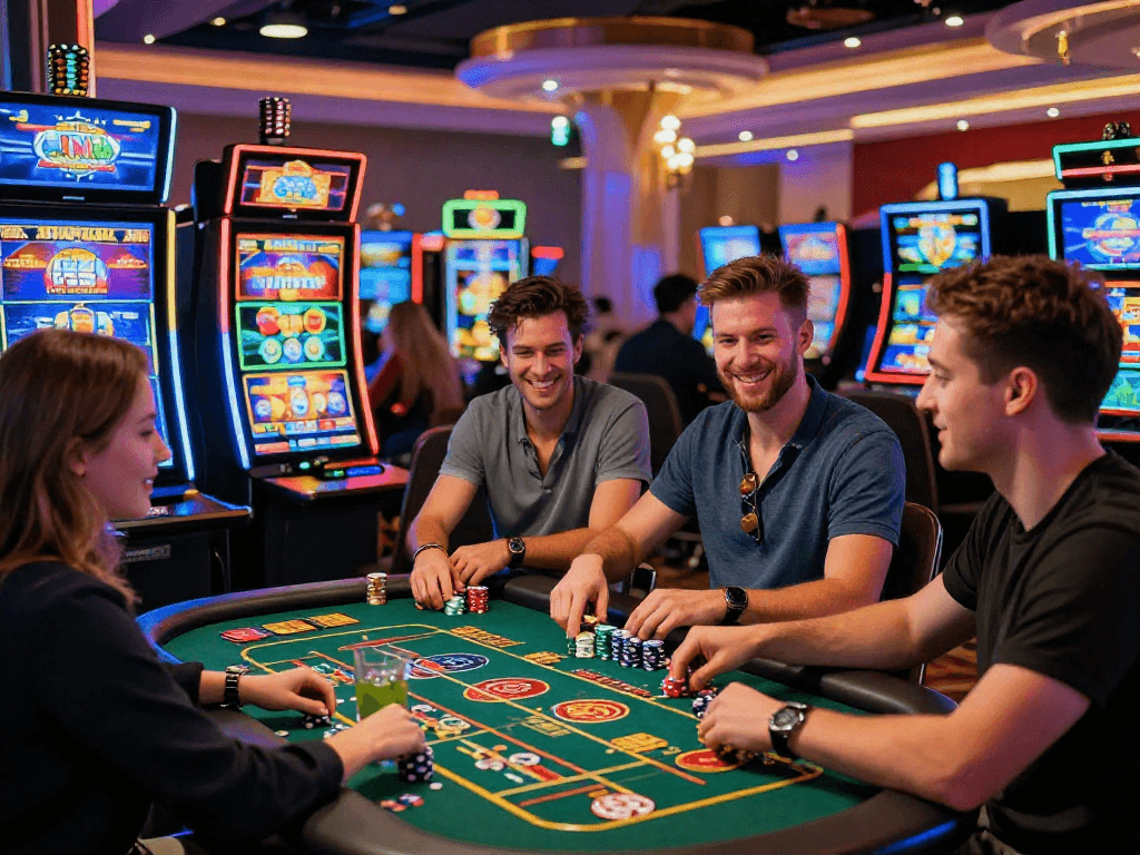 Players enjoying games at non-UK casinos in a vibrant casino atmosphere, showcasing excitement and engagement.