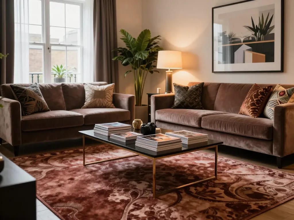 Luxurious carpets London in a stylish living room with elegant furniture and warm ambient lighting.