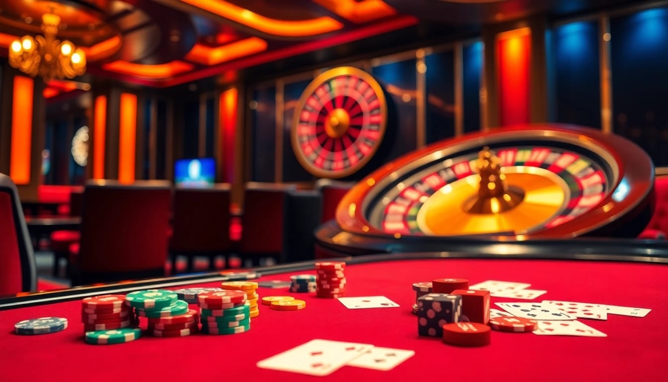 Place bets at MU88 casino's glamorous table games with vibrant chips and cards.