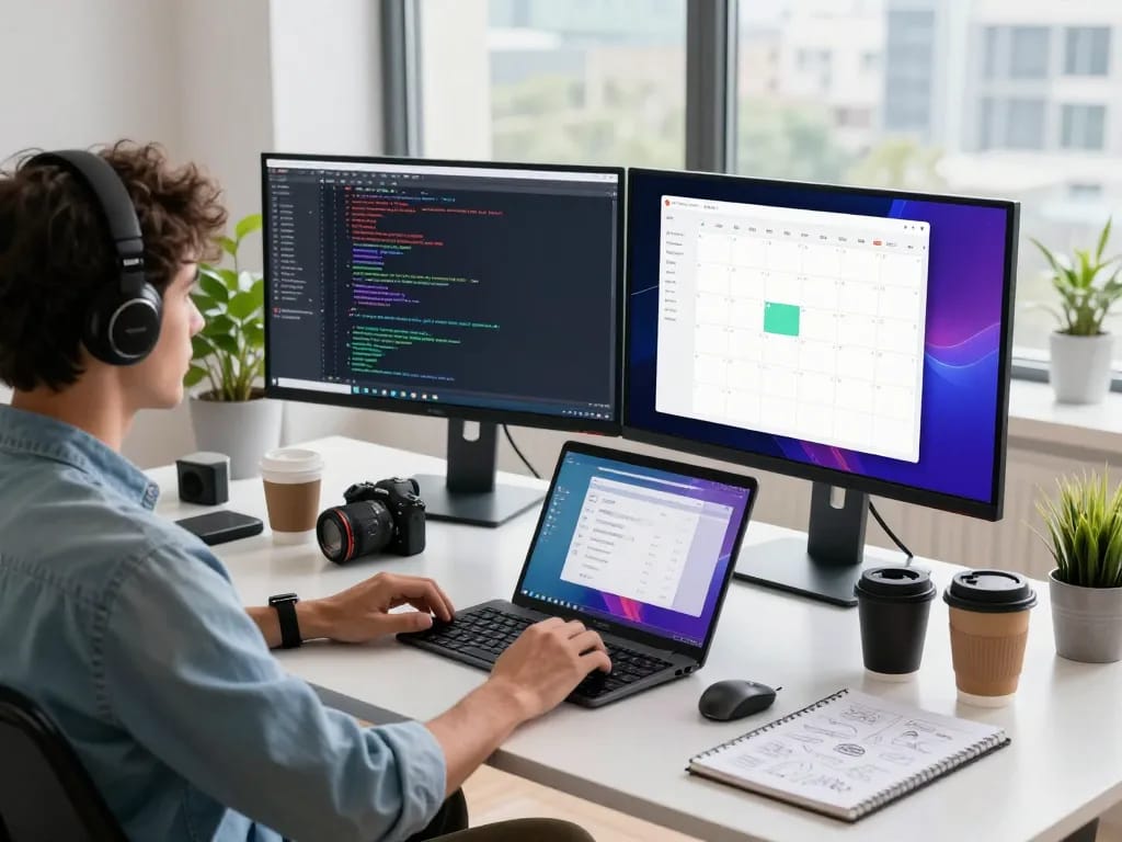 Developer using open claw AI in a modern tech workspace with dual monitors showing code and messaging apps.