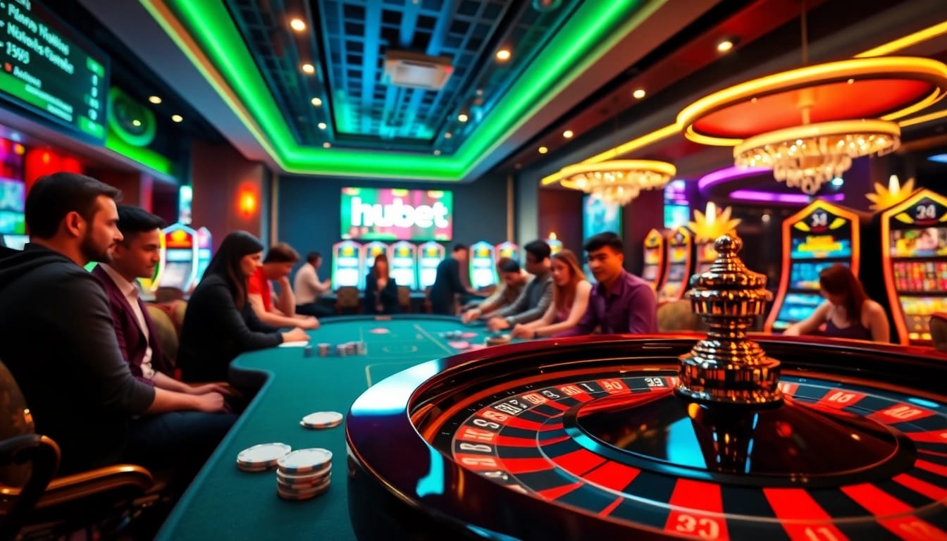 Engage with thrilling gameplay at Hubet's vibrant casino featuring roulette wheels and poker action.