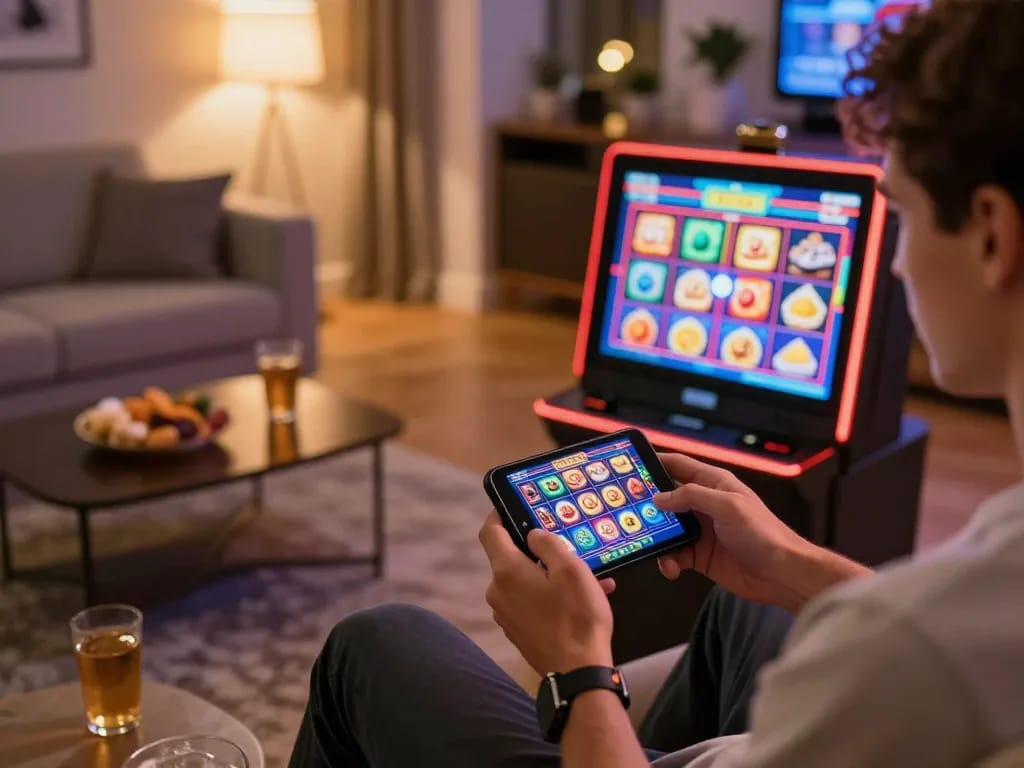 Enjoying Slot Malaysia excitement while playing on a smartphone in a cozy home setting.