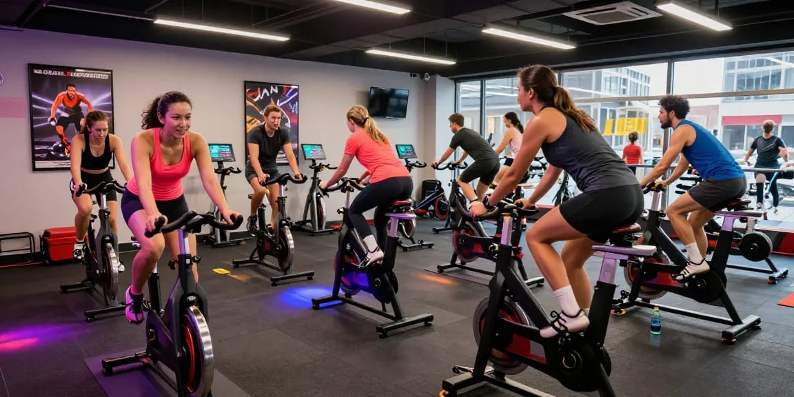 Engaging indoor cycling class showcasing active participants and modern fitness equipment reflecting ia +18 trends in 2026.