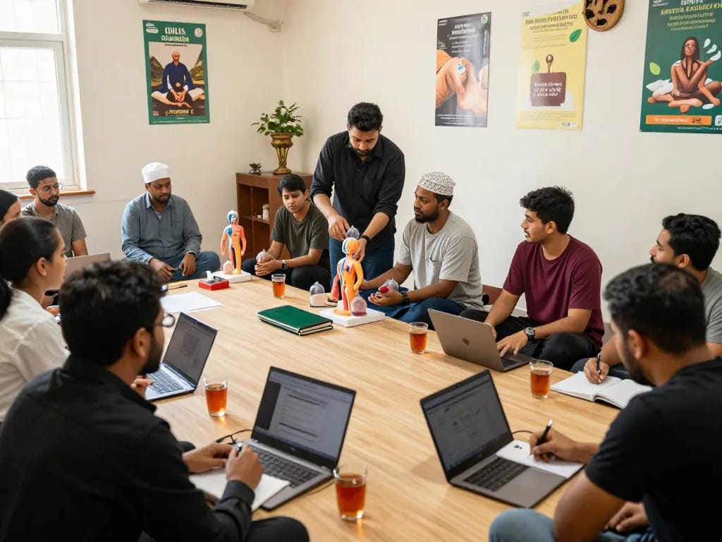 Hijama course UK training session with instructor and students learning therapy techniques