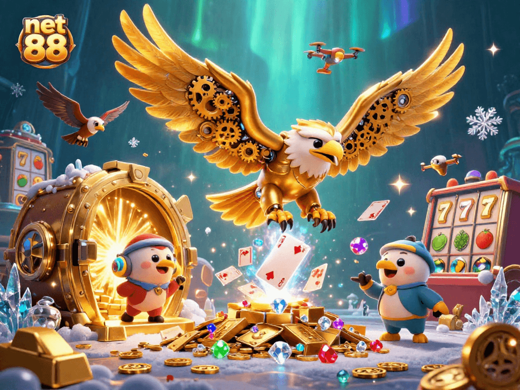 Experience thrilling moments with net 88 in a vibrant casino scene featuring golden treasures and slot elements.