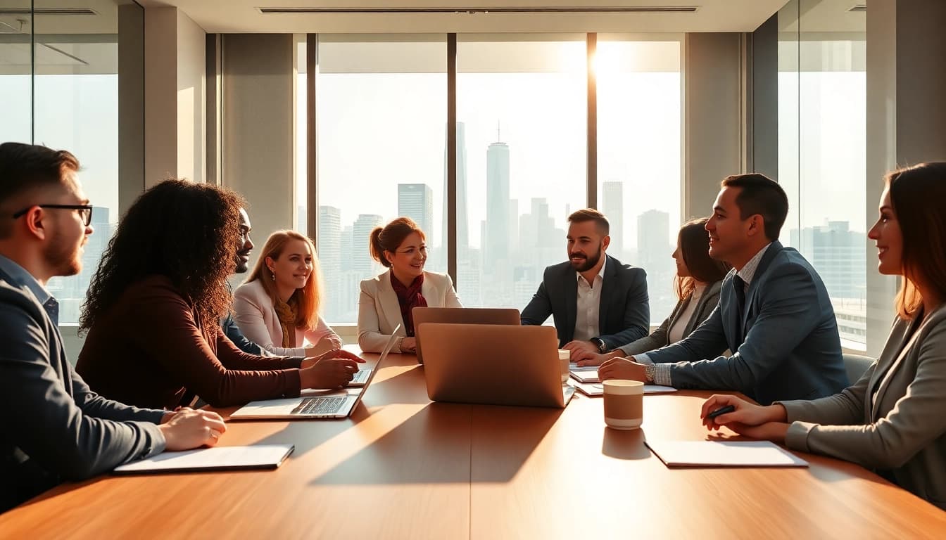 Engaged professionals collaborating to adverise your business in a modern conference room.
