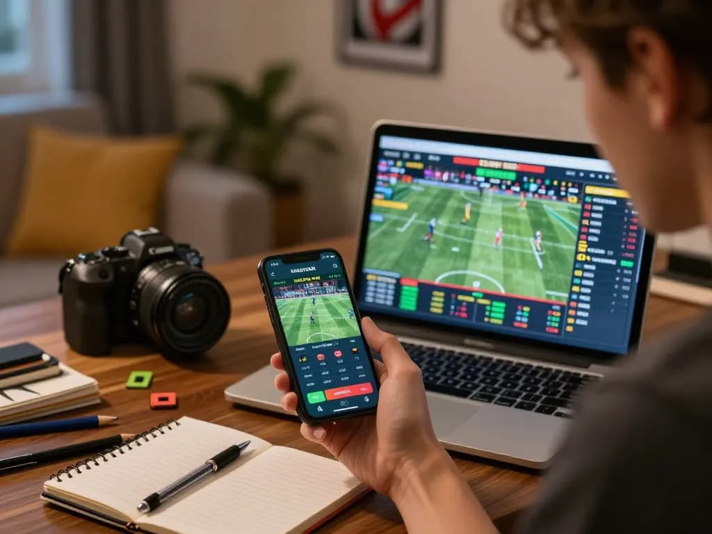 Engaging in sports betting on https://lu88live.com/ with a smartphone and laptop in a cozy home setting.