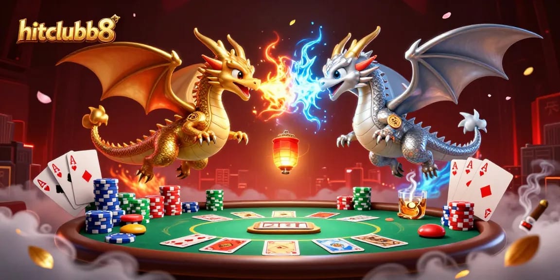 Engage with hitclubb8’s thrilling poker scene illustrated by golden and silver dragons battling amidst casino elements.