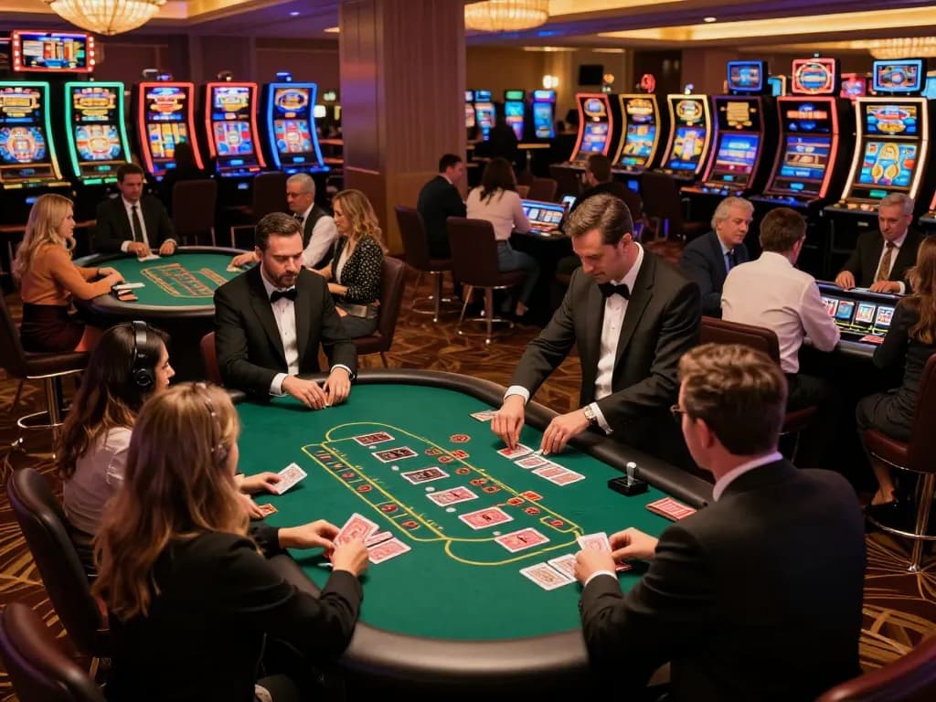 Players engaging in blackjack at LV88 casino, showcasing excitement and strategy in a vibrant environment.