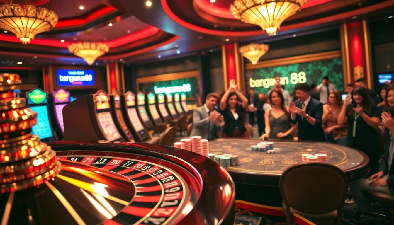 Players celebrate a winning moment at a vibrant casino table featuring bangsawan88.