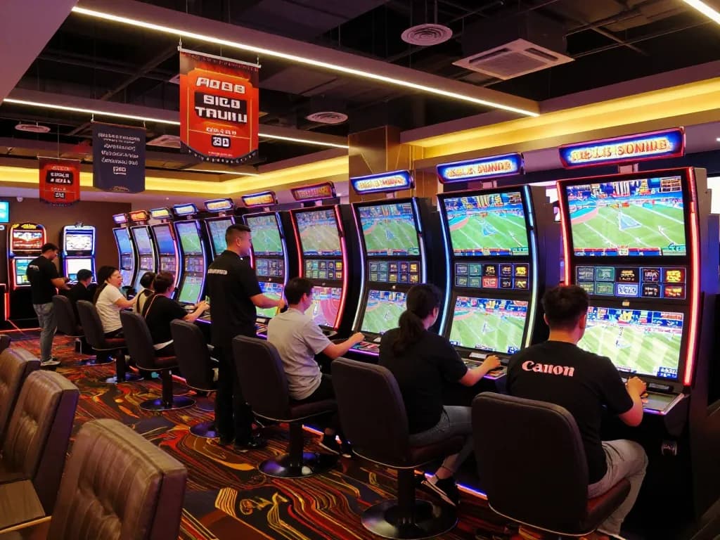 Engaged bettors placing wagers in a lively sports betting lounge, exploring soi keo nha cai options