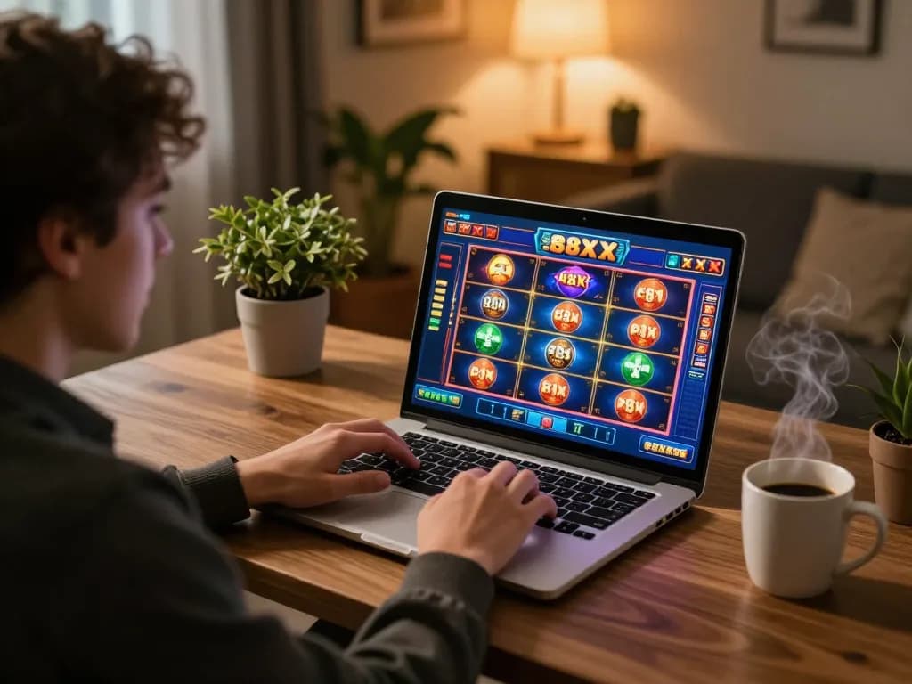 Player enjoying an exciting 88xx slot game on a laptop, surrounded by a cozy and inviting atmosphere at home.