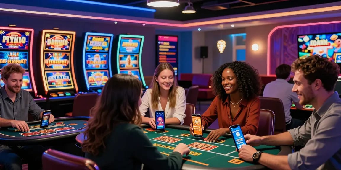 Diverse players engaging in non UK casinos with vibrant games and bonuses showcased in a modern digital lounge.