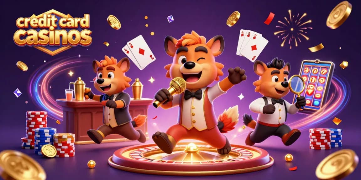Join the fun at credit card casinos with lively hyena characters in a vibrant casino scene.