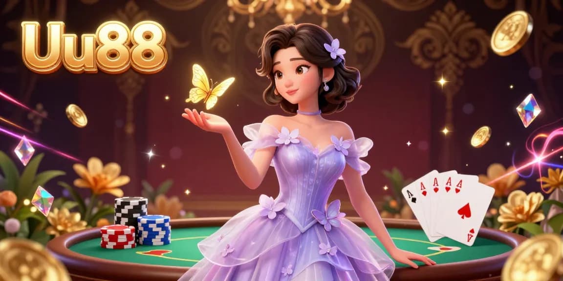 Experience excitement at Uu88 with a vibrant poker scene featuring a stunning Asian model and gaming elements.