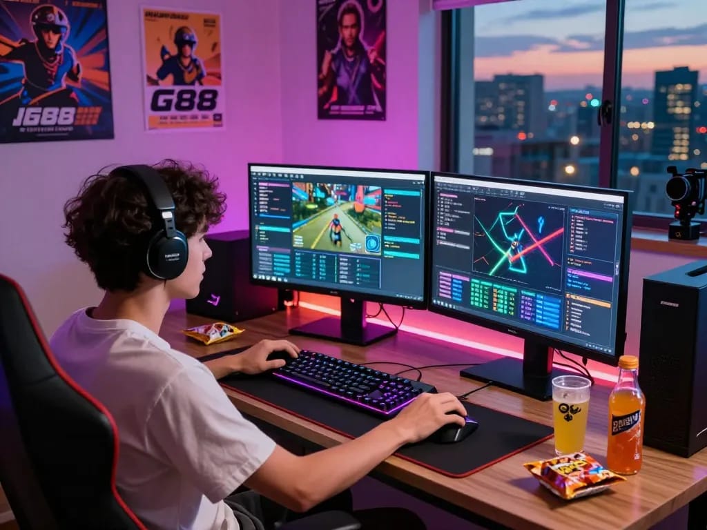 Immersive gaming environment at https://g88.de.com/ featuring dual monitors, a focused gamer, and vibrant LED lights.