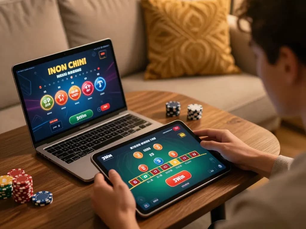 Player enjoying an exciting blackjack game on 3Win tablet, illustrating strategic betting in a cozy home.